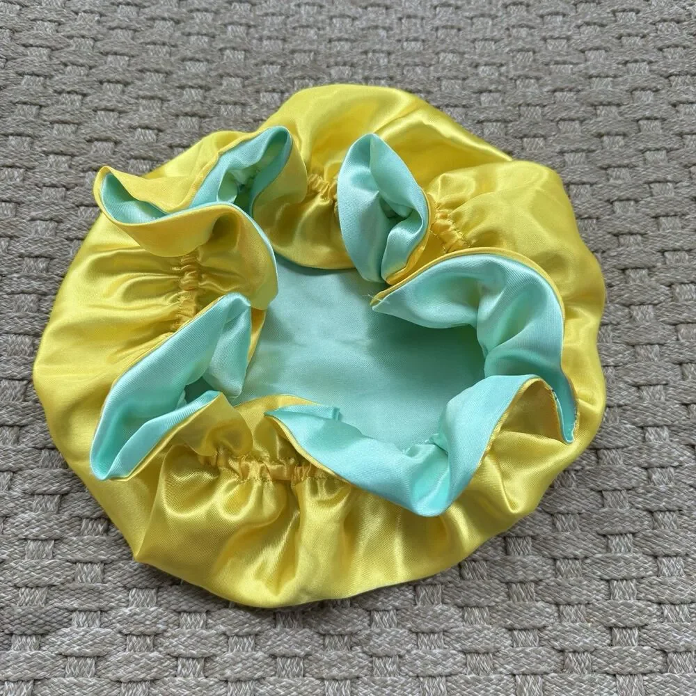 Reversible Satin Sleep Bonnet – Blue & Yellow– Extra Large, Elastic Fit